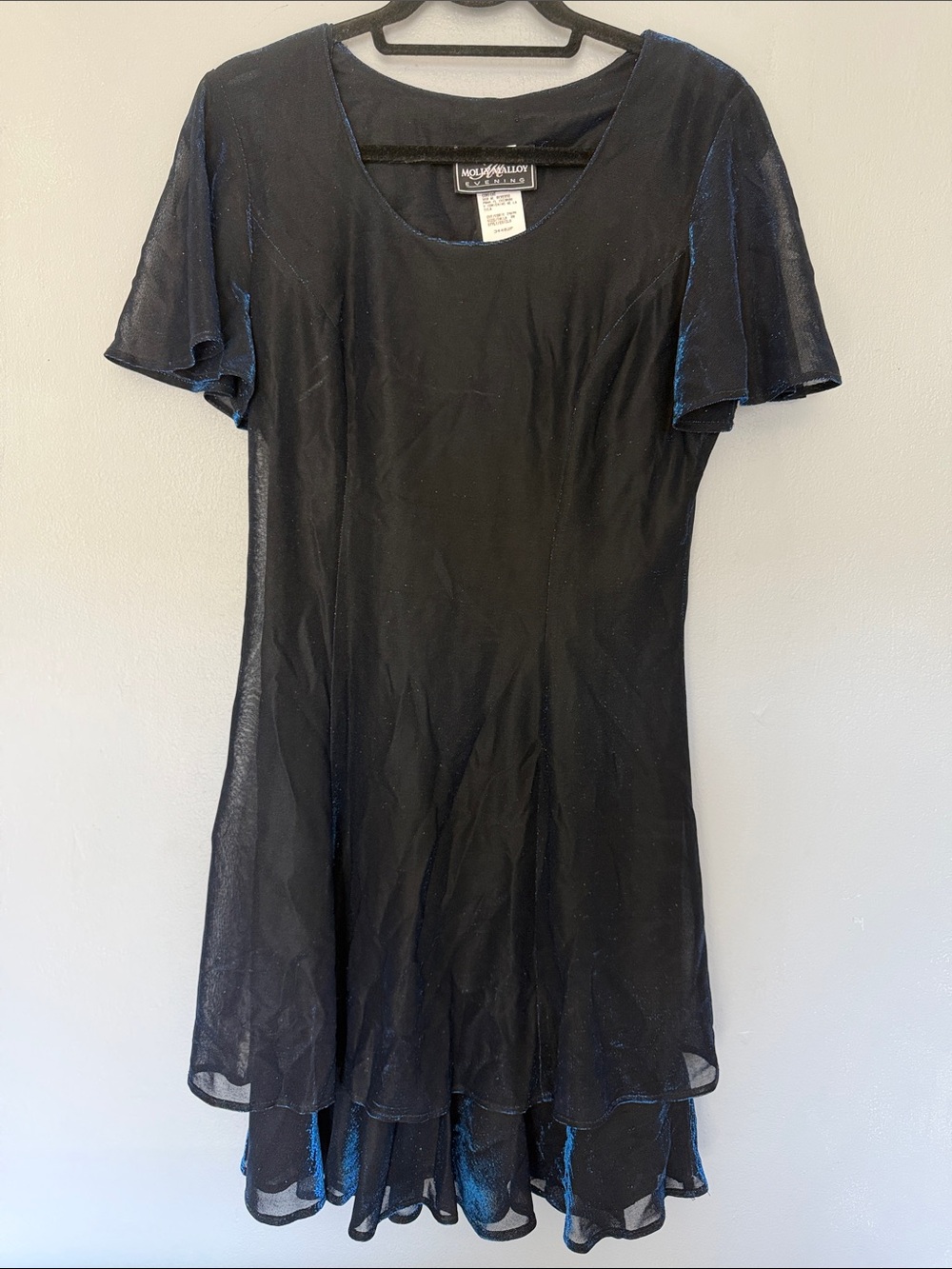 Molly Malloy Evening Black Sheer Overlay Dress Subtle Blue Sheen Fairy Celestial